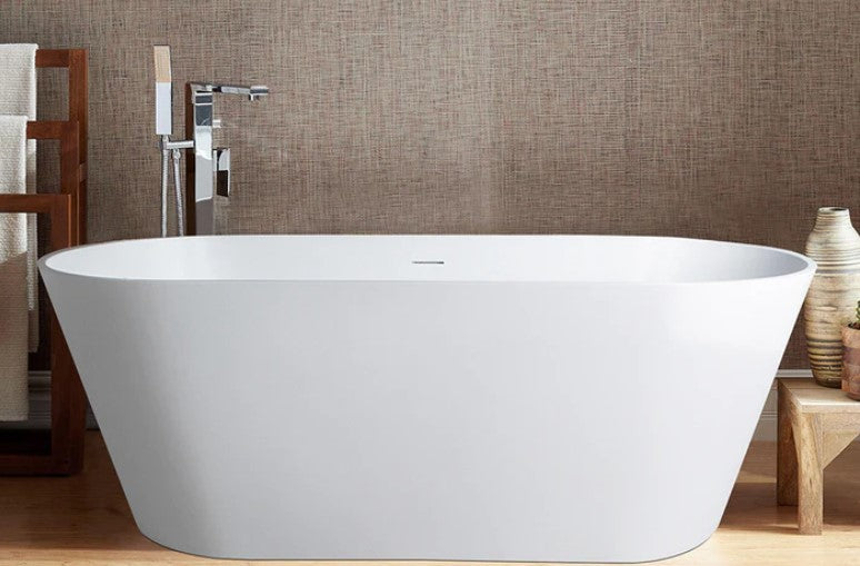 Vanity Art Flatbottom Freestanding Solid Surface Resin Stone Bathtub, Glossy White