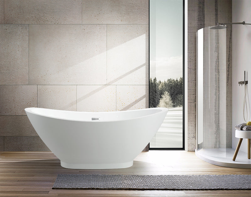 Vanity Art Freestanding White Acrylic Bathtub with Polished Chrome Slotted Overflow